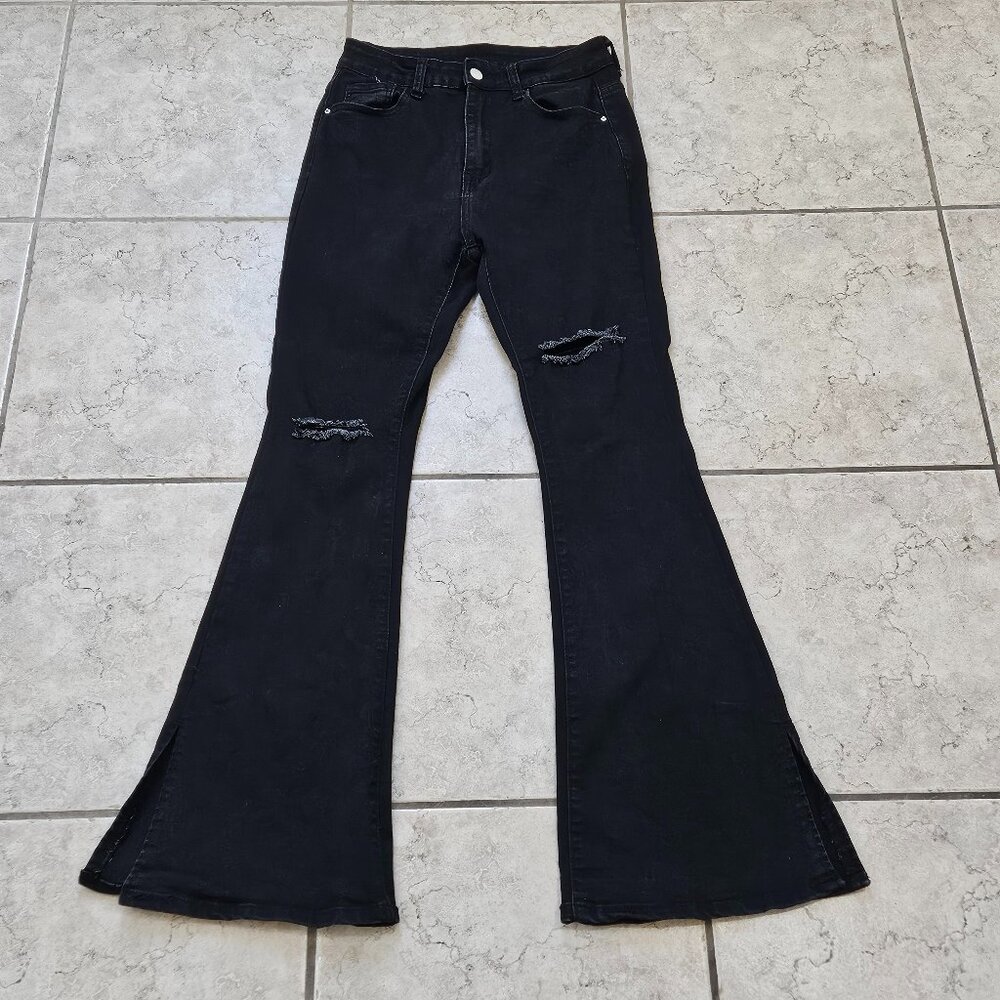 Bellbottoms Flare Leg Denim Jeans Womens Sz. 4 Black Ripped Distressed Shein Y2K